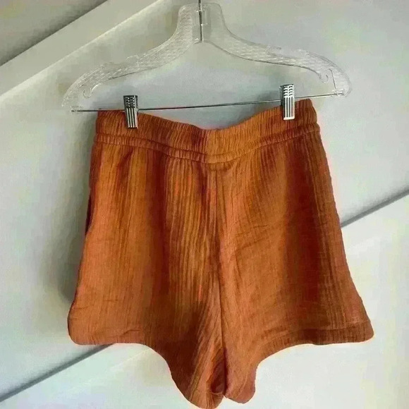 H&M  Crinkled Cotton High Waist Side Pockets Rust Orange Shorts Size S - Picture 5 of 7